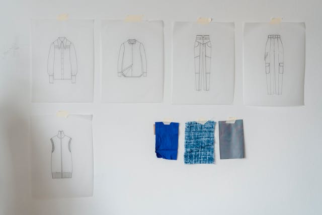 デザイン画 服飾のデザイン画が貼られたホワイトボード