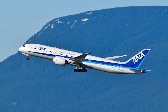 ANAの旅客機が山を背景に離陸する様子。
